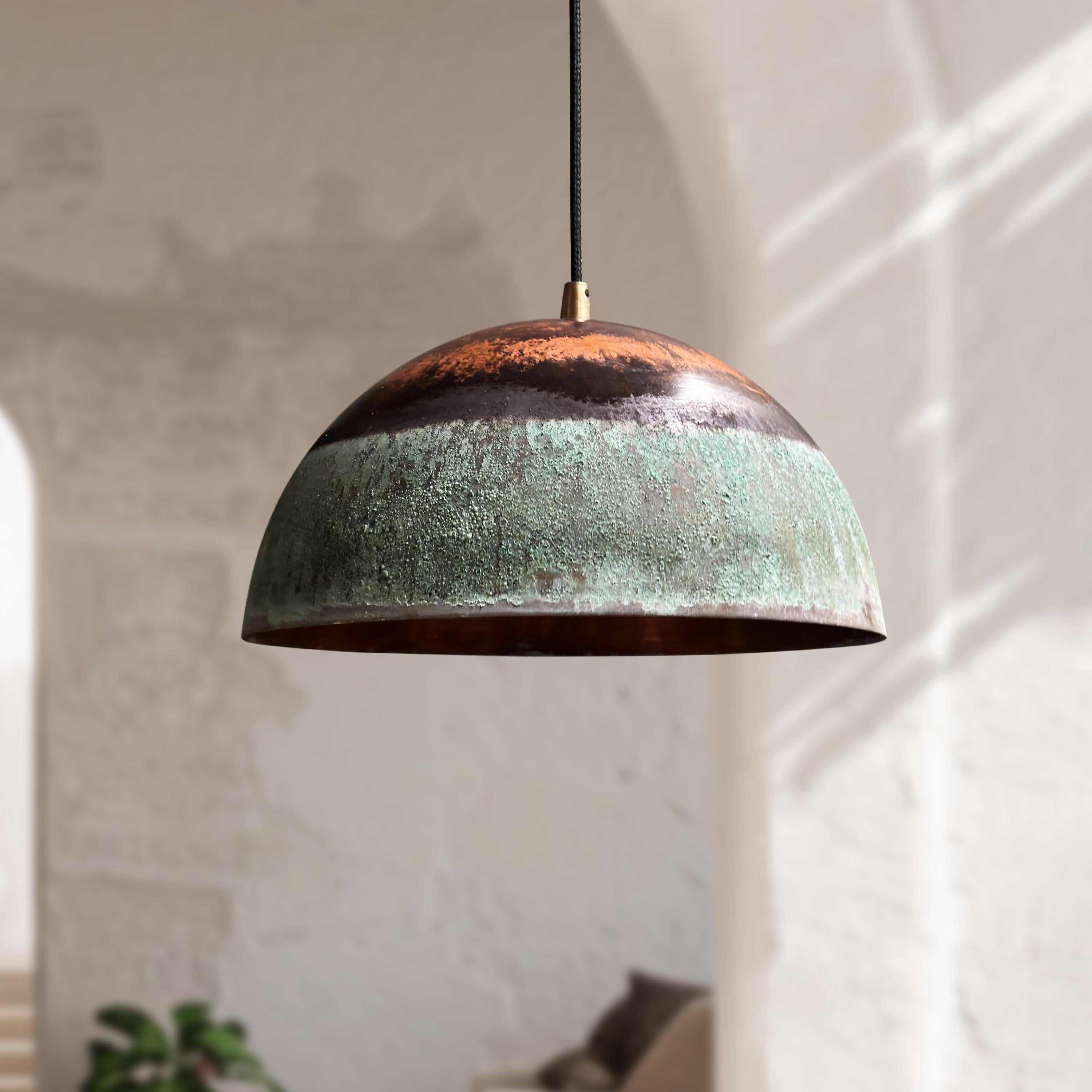 Handmade Rustic Green Patina Copper Dome Fixture