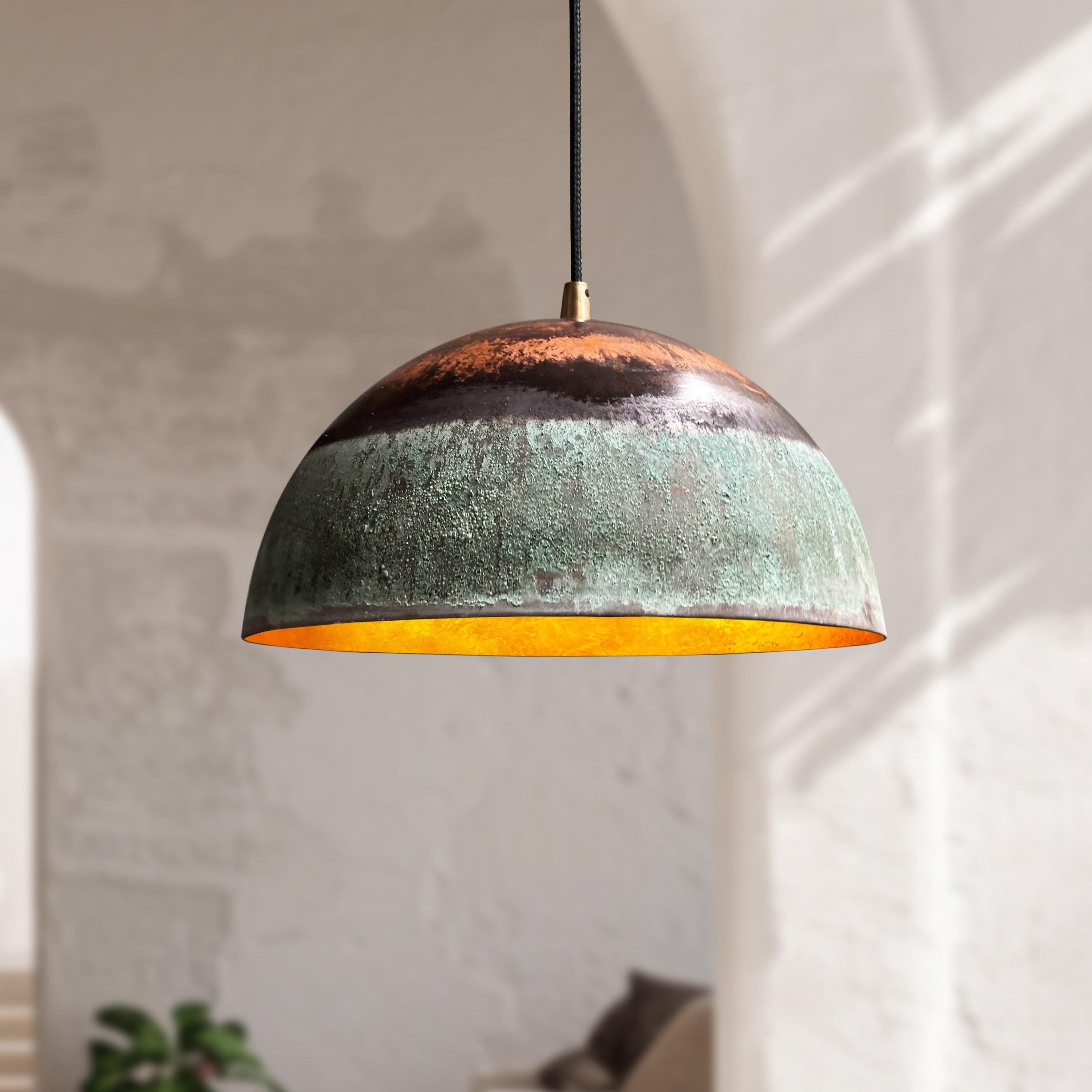 Handmade Rustic Green Patina Copper Dome Fixture