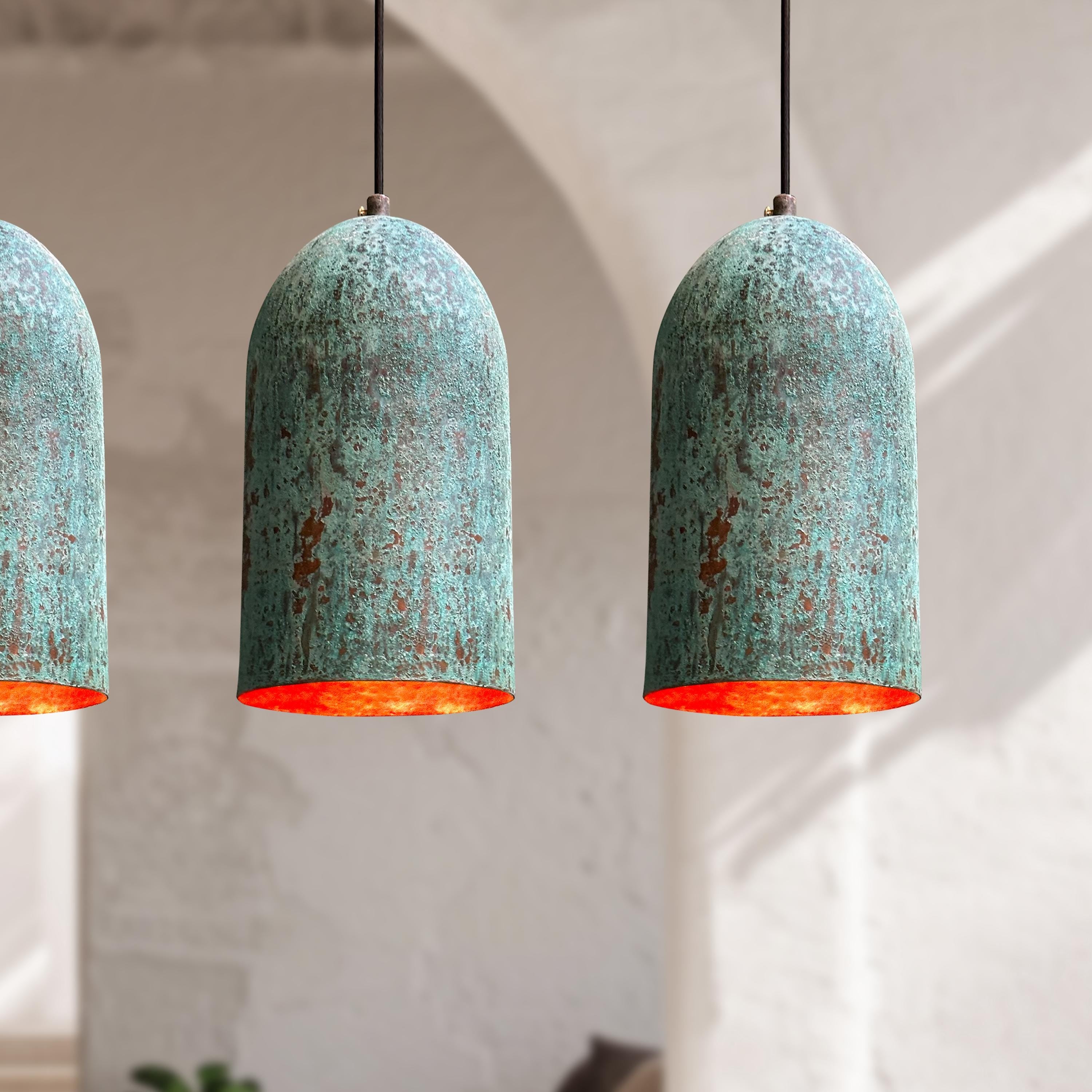 Set of 3 Small Oxidized Copper Pendant Light, Small Verdigris Copper Ceiling Lights