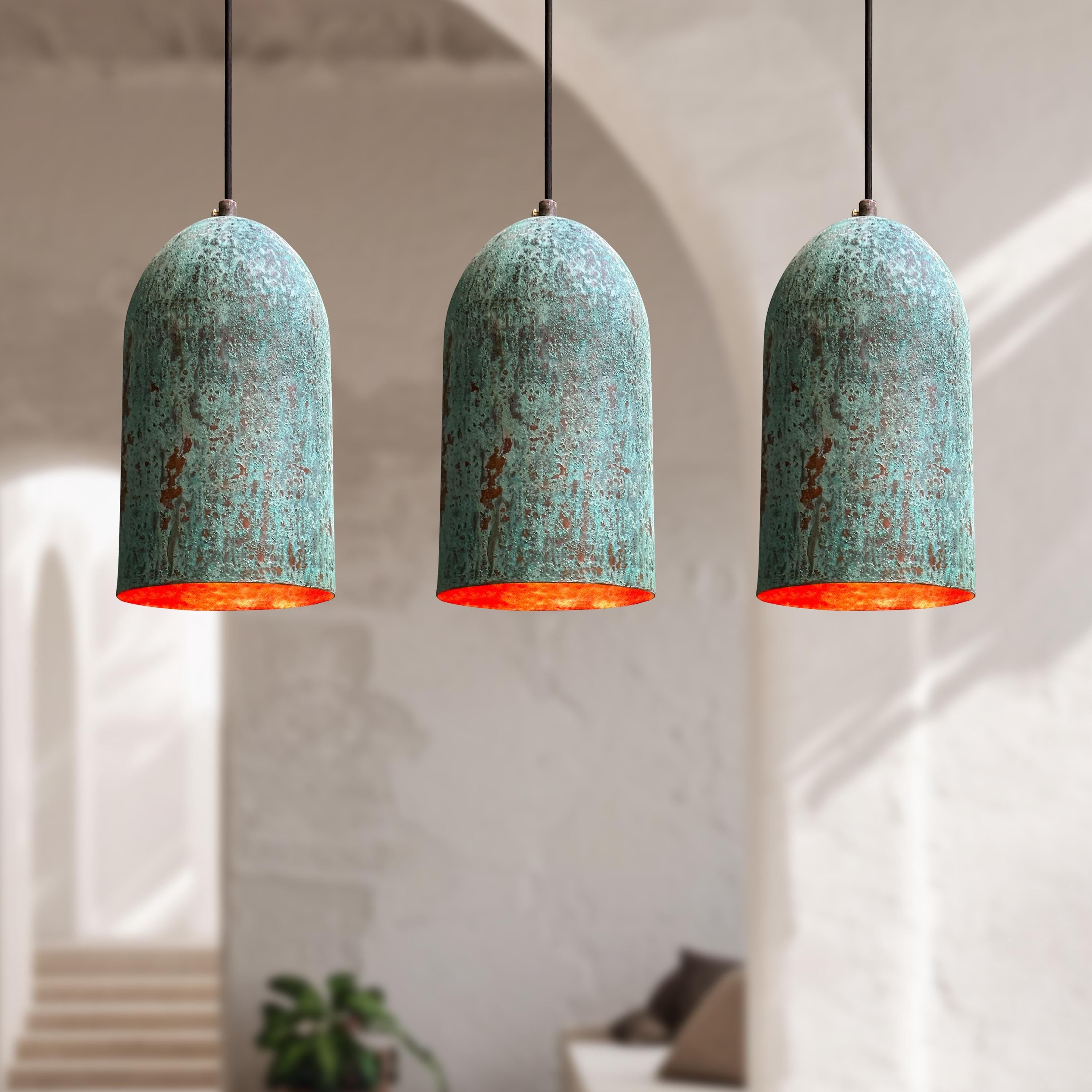 Set of 3 Small Oxidized Copper Pendant Light, Small Verdigris Copper Ceiling Lights