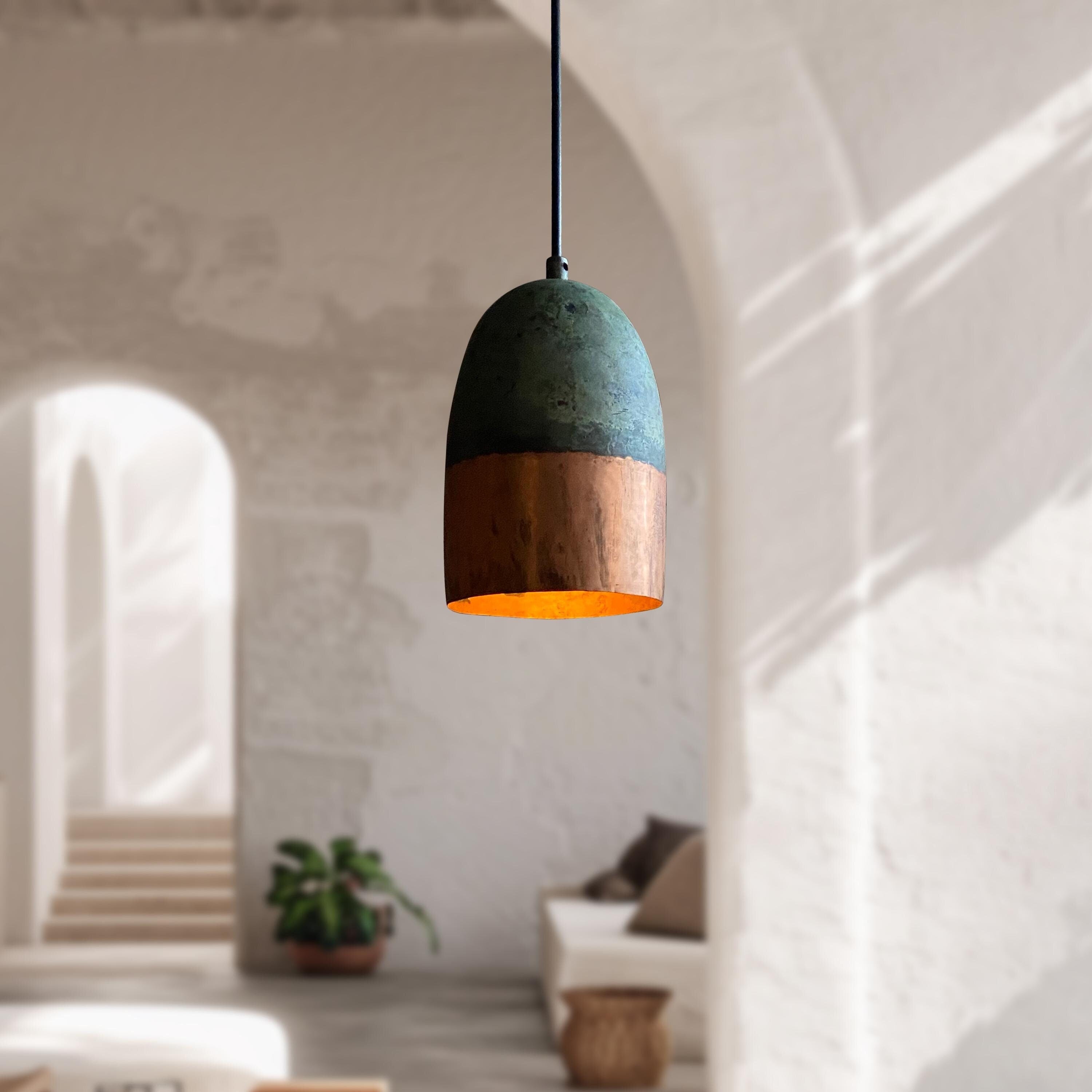 Oxidized Copper Pendant Light Green Patina Farmhouse Fixture