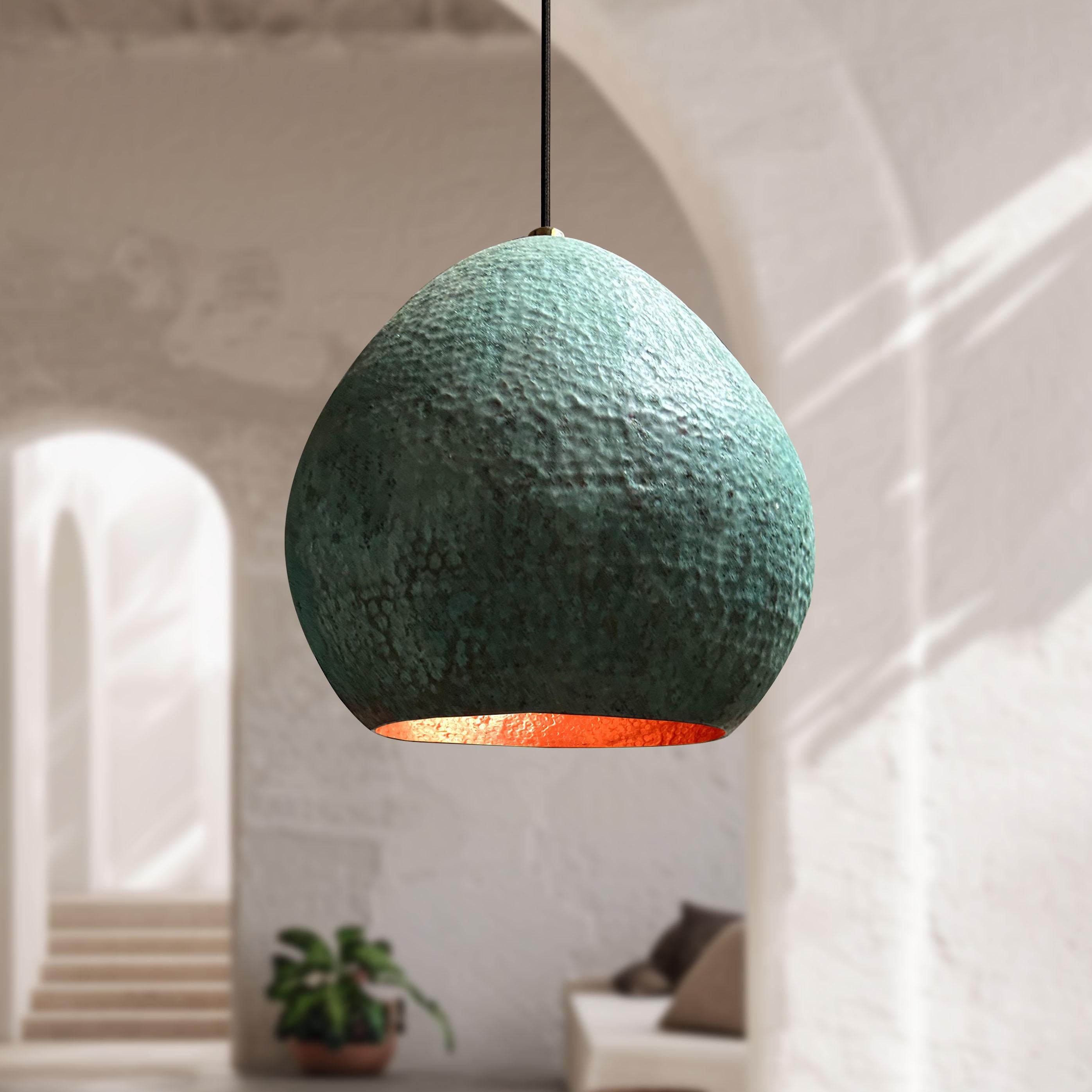 Handmade Verdigris Copper Pendant Light, Oxidized Dome Fixture