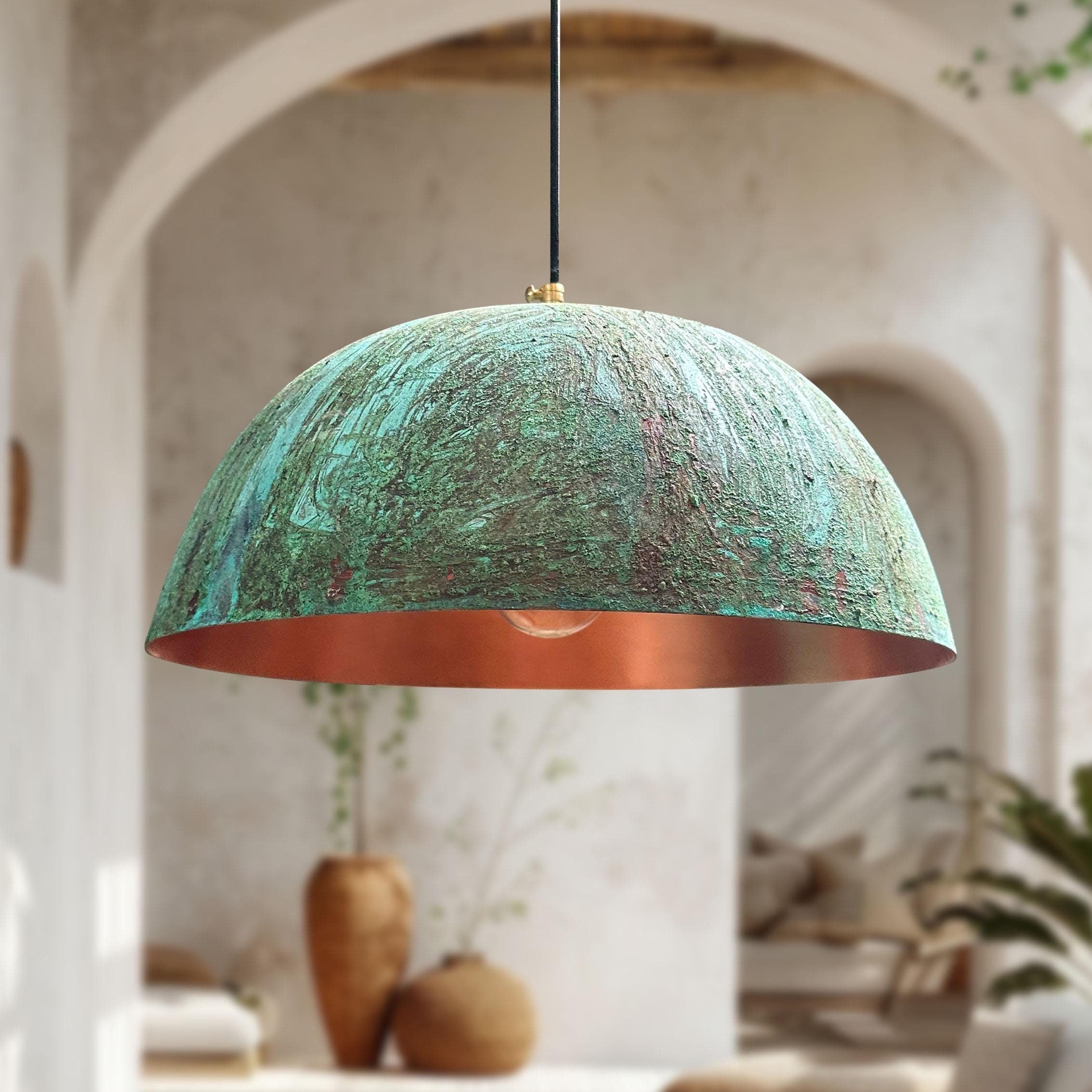 Handmade Green Patina Copper Pendant Light Verdigris Fixture