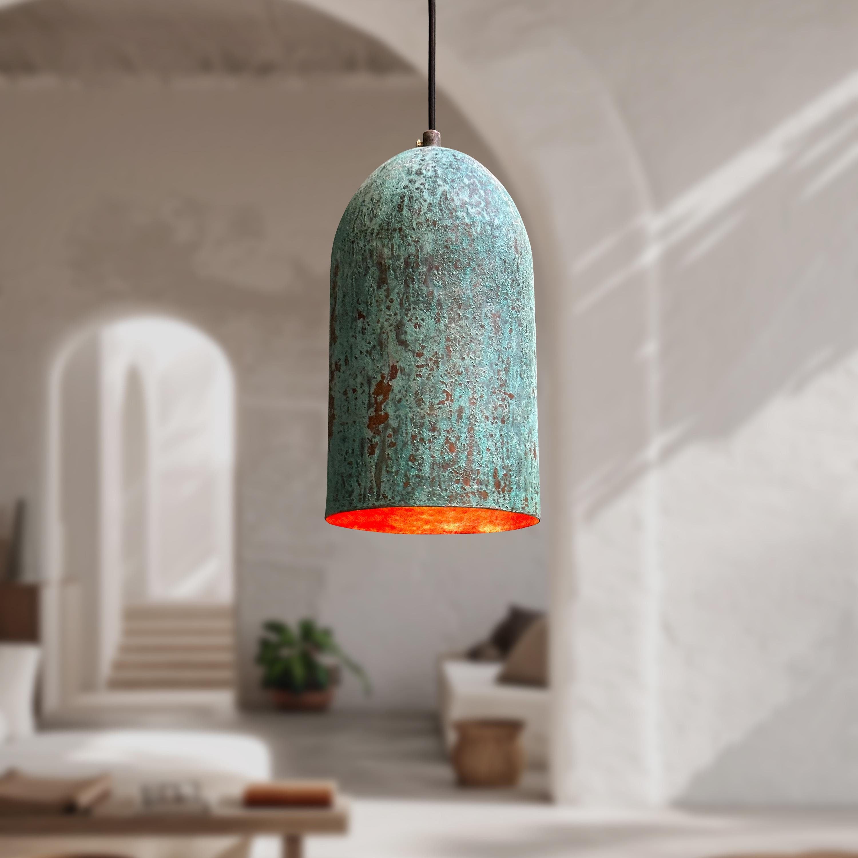 Green Patina Farmhouse Light Fixture Oxidized Copper Pendant Lamp