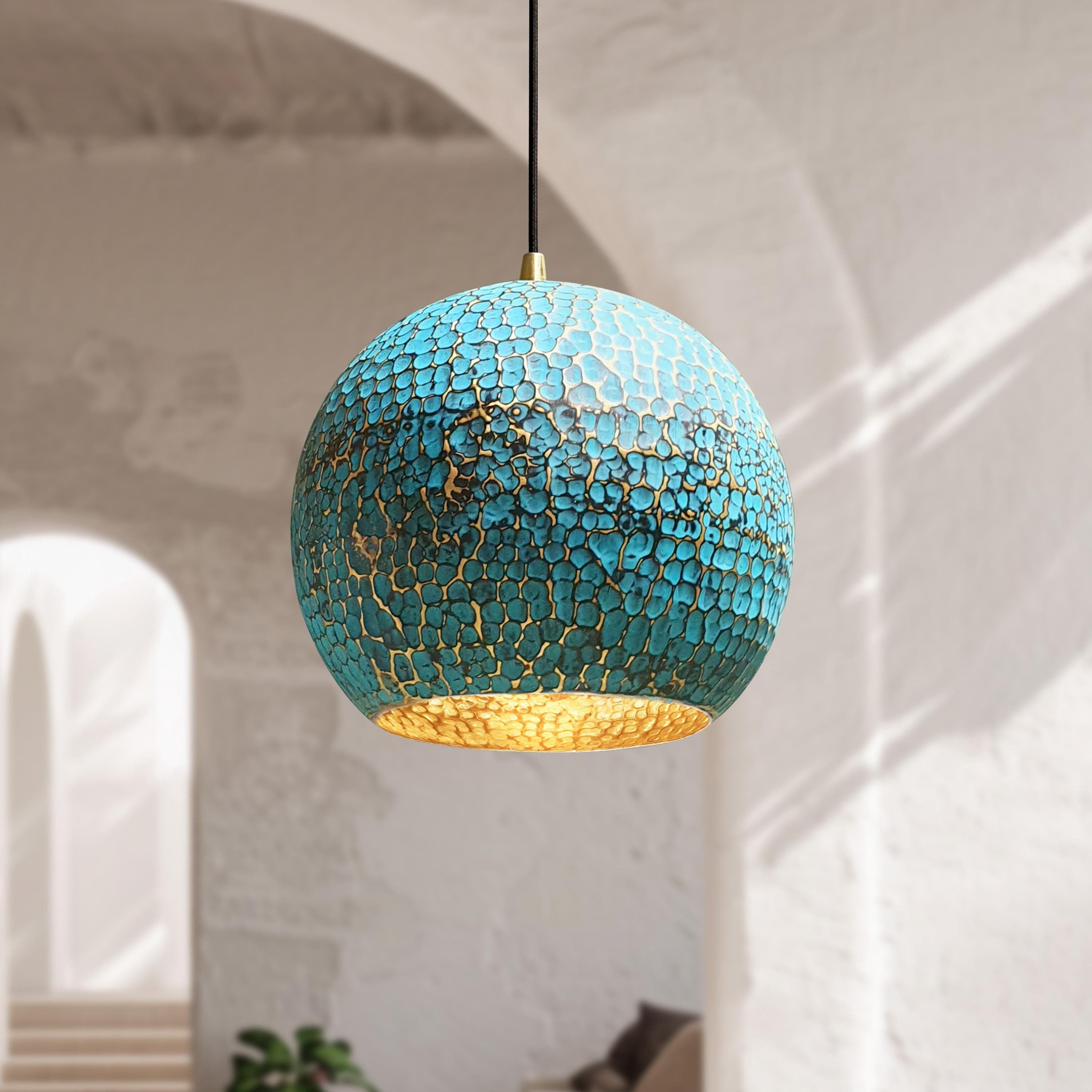 Blue Patina Brass Pendant Dome Ceiling Light