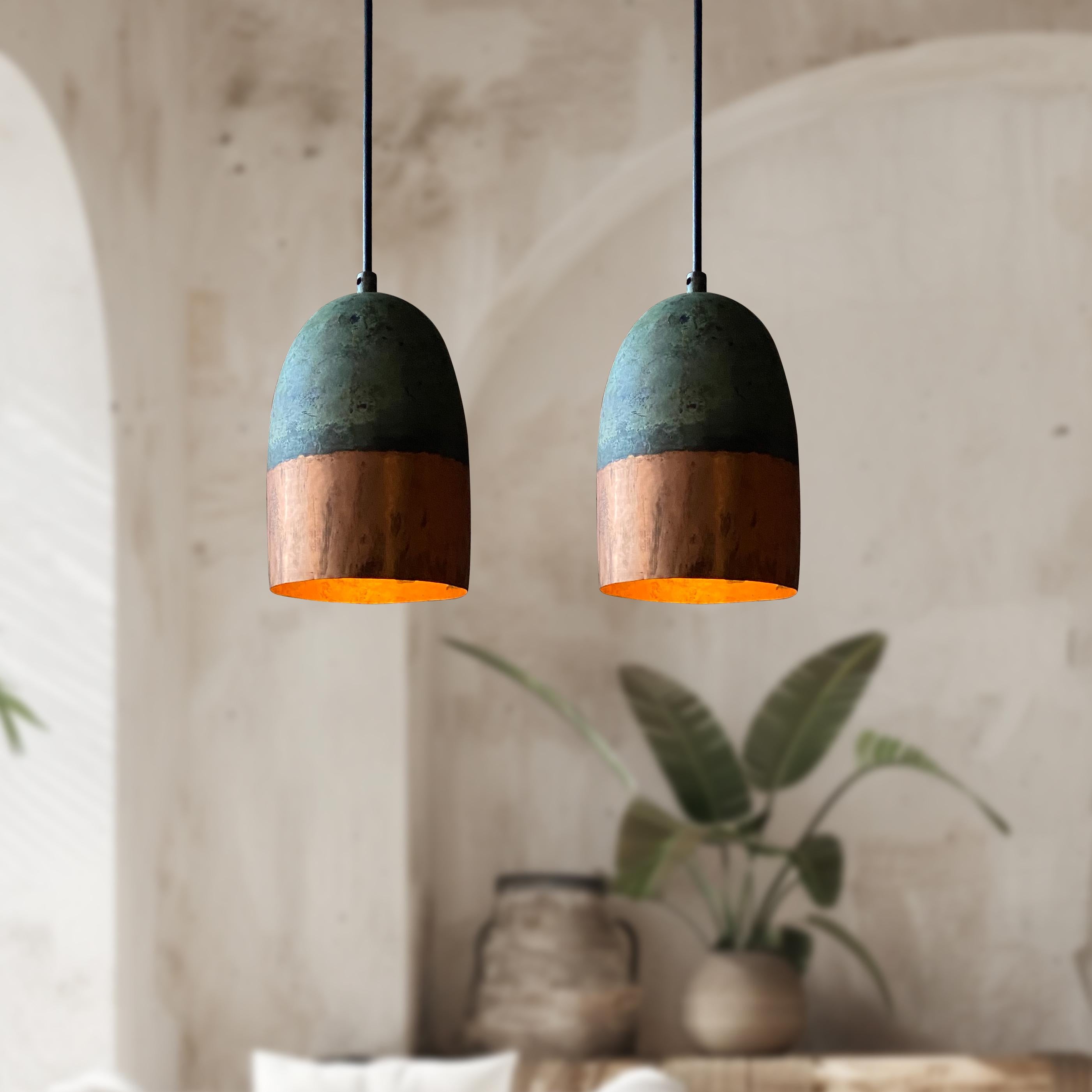 Set of 2 Small Green Patina Copper Pendant Light