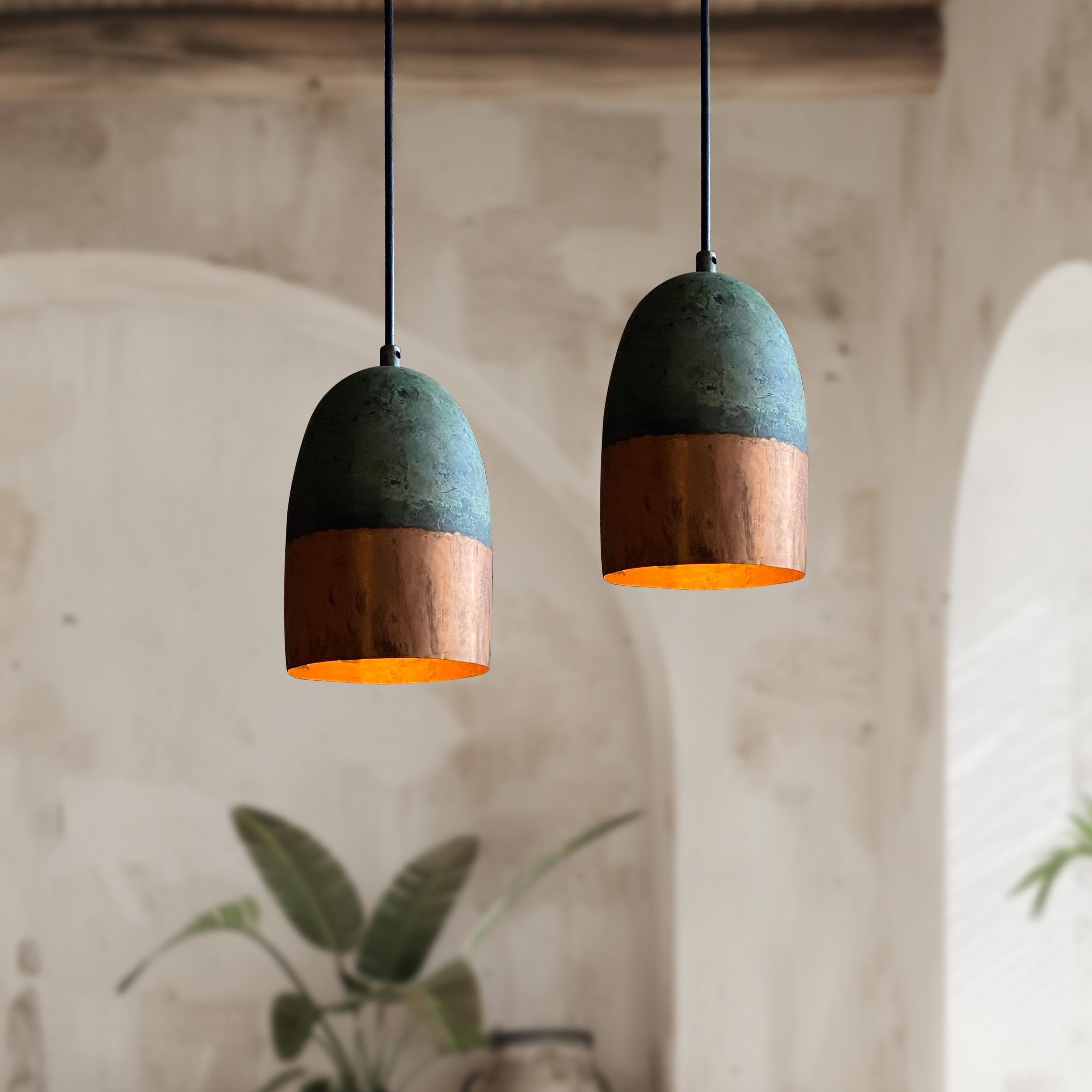 Set of 2 Small Green Patina Copper Pendant Light