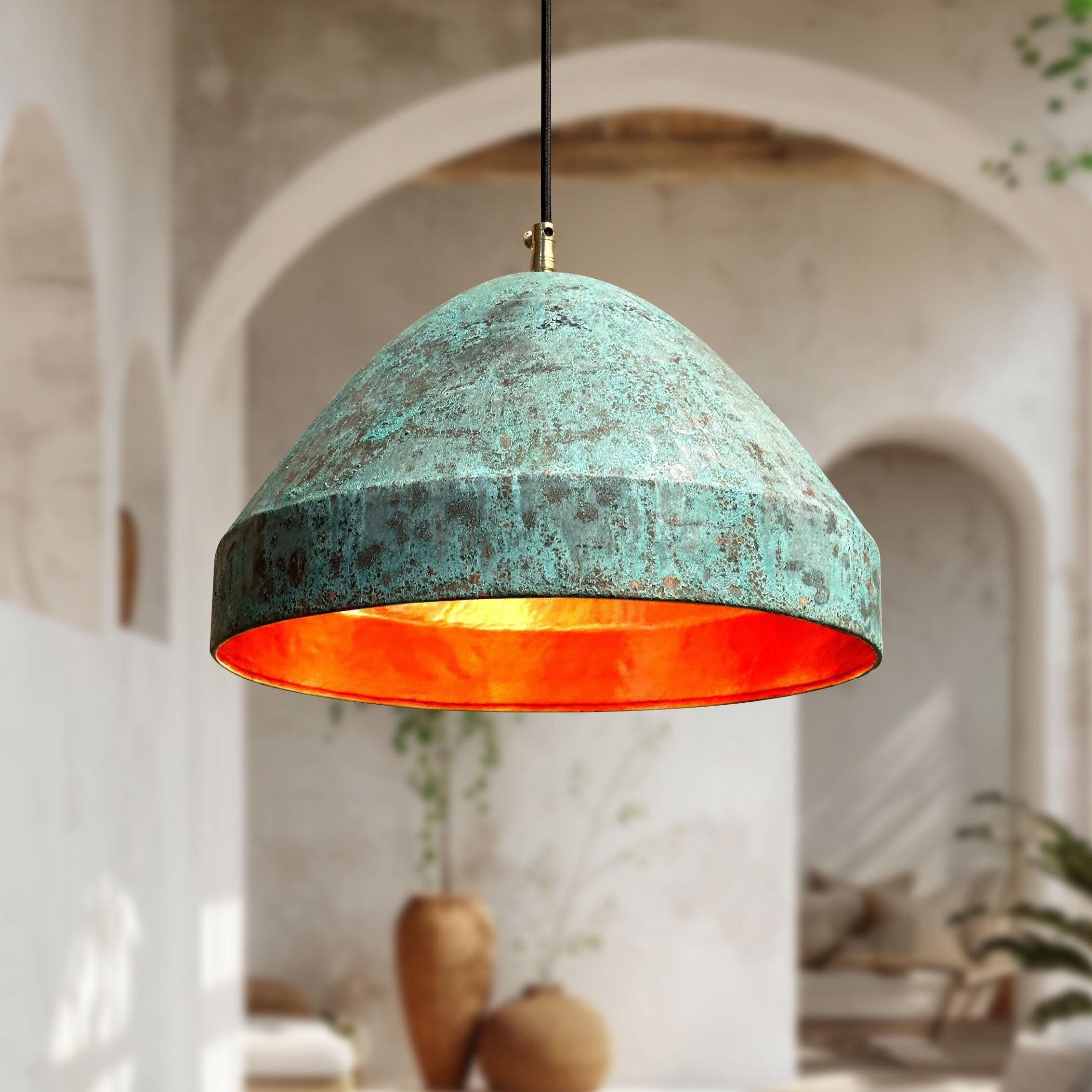 Handmade Green Patina Copper Pendant Light Verdigris Dome