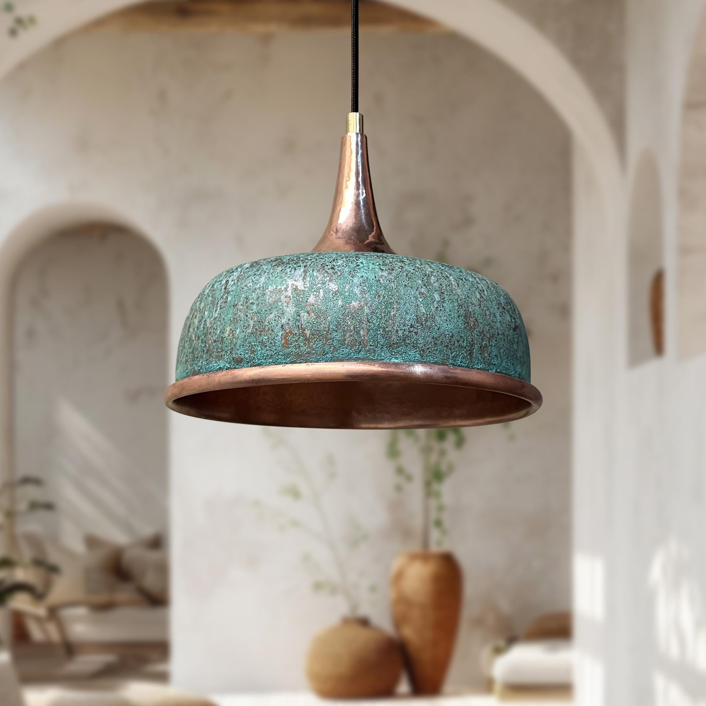 Handmade Green Patina Copper Pendant Light Oxidized Dome Fixture