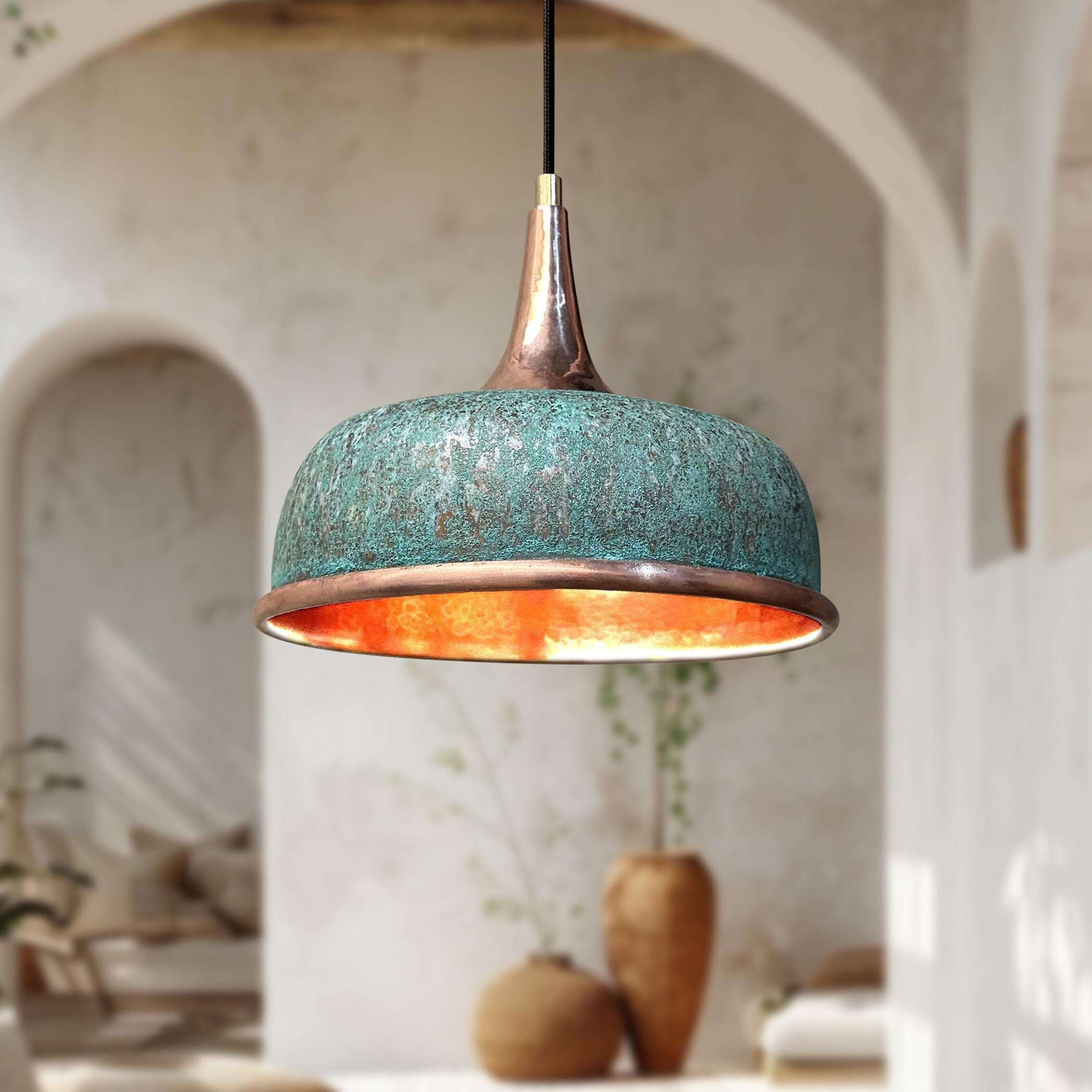 Handmade Green Patina Copper Pendant Light Oxidized Dome Fixture