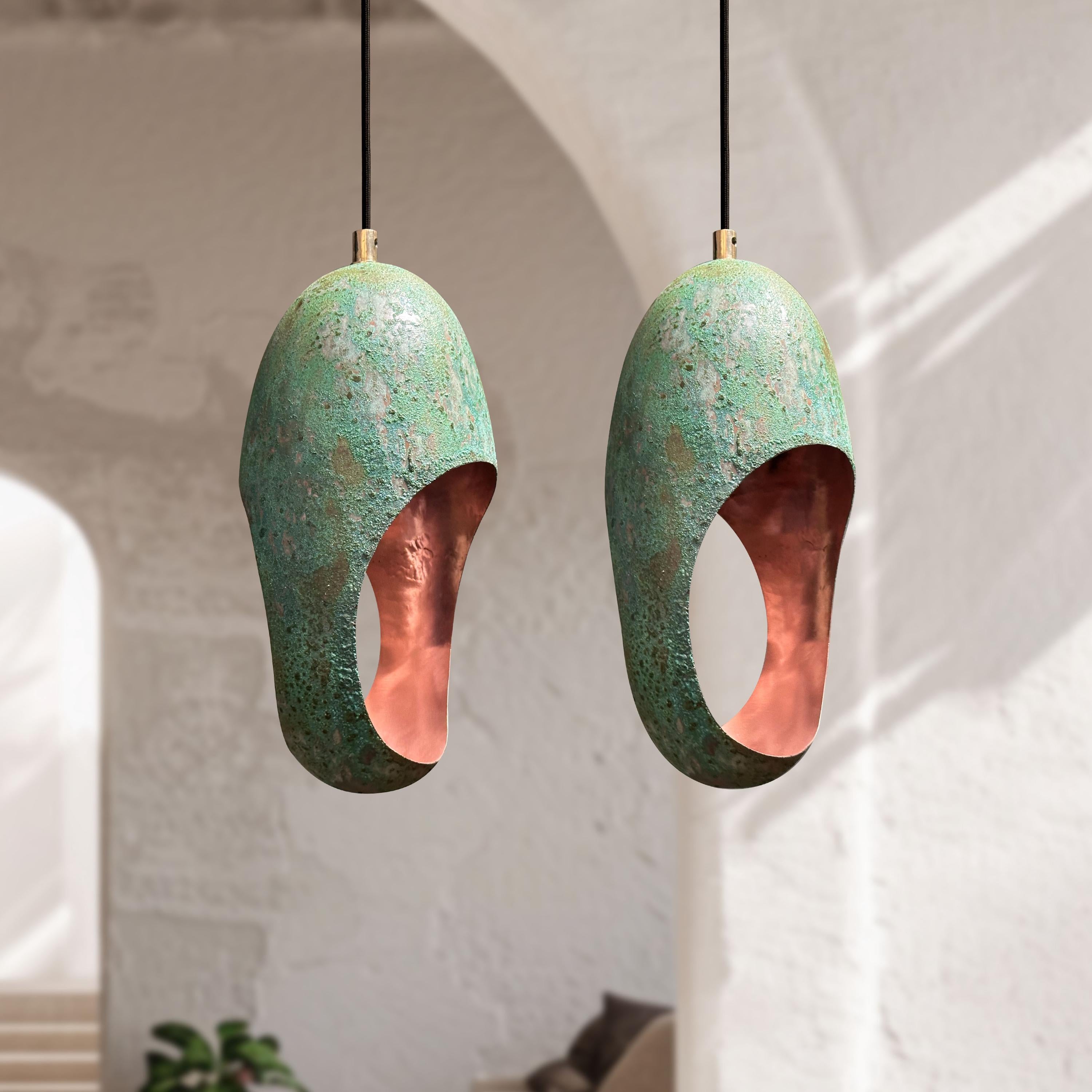 Set of Two Handcrafted Oval Cut Copper Pendant Light with Green Patina Finish