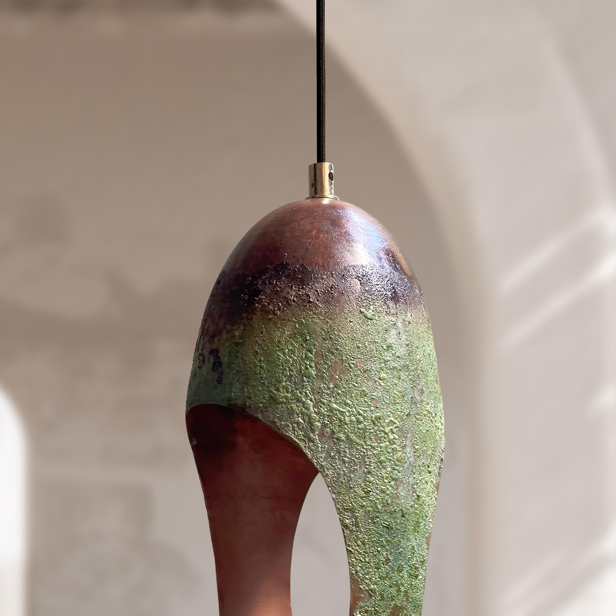 Handcrafted Oval Cut Copper Pendant Light with Green Patina