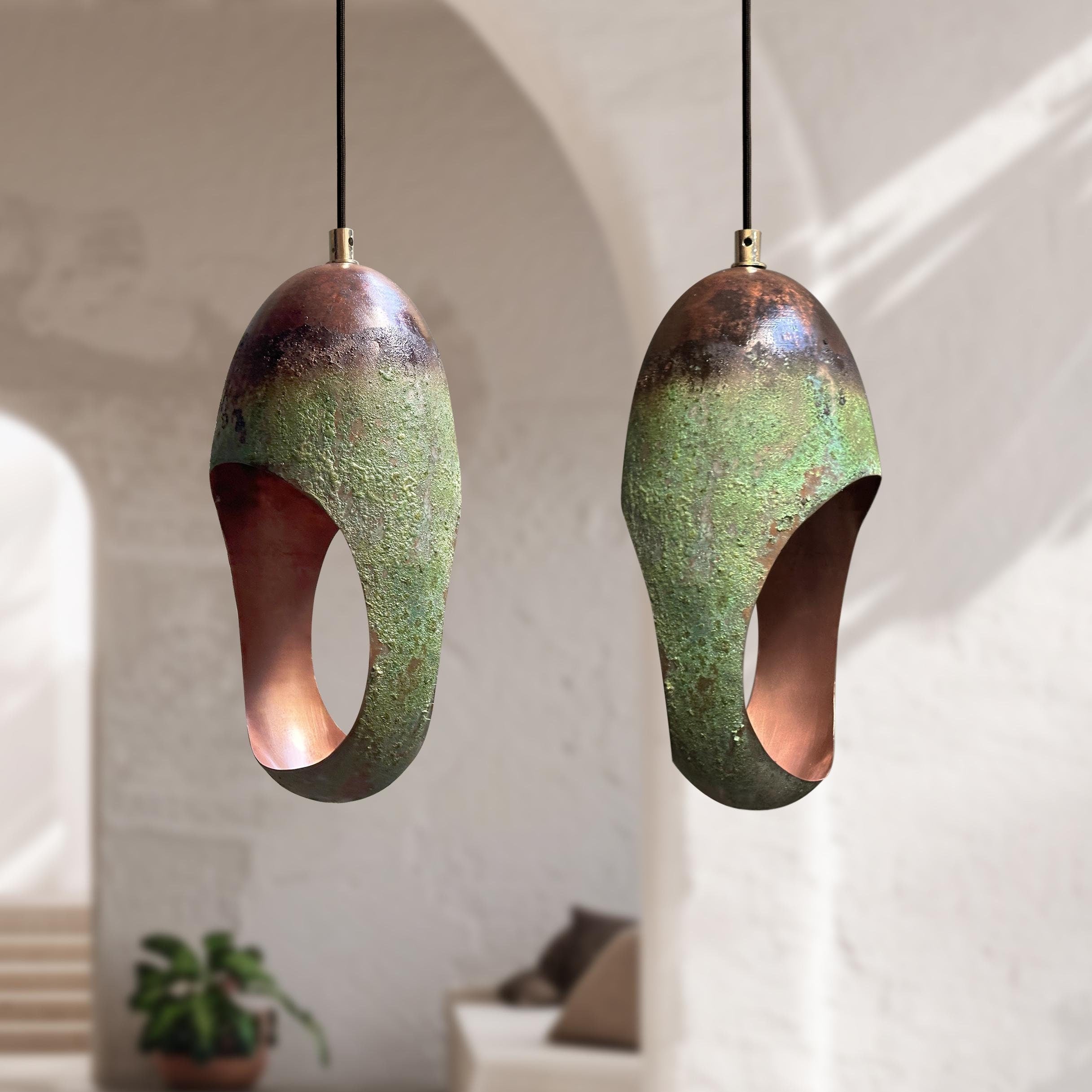 Set of 2 Oval Cut Copper Pendant Light