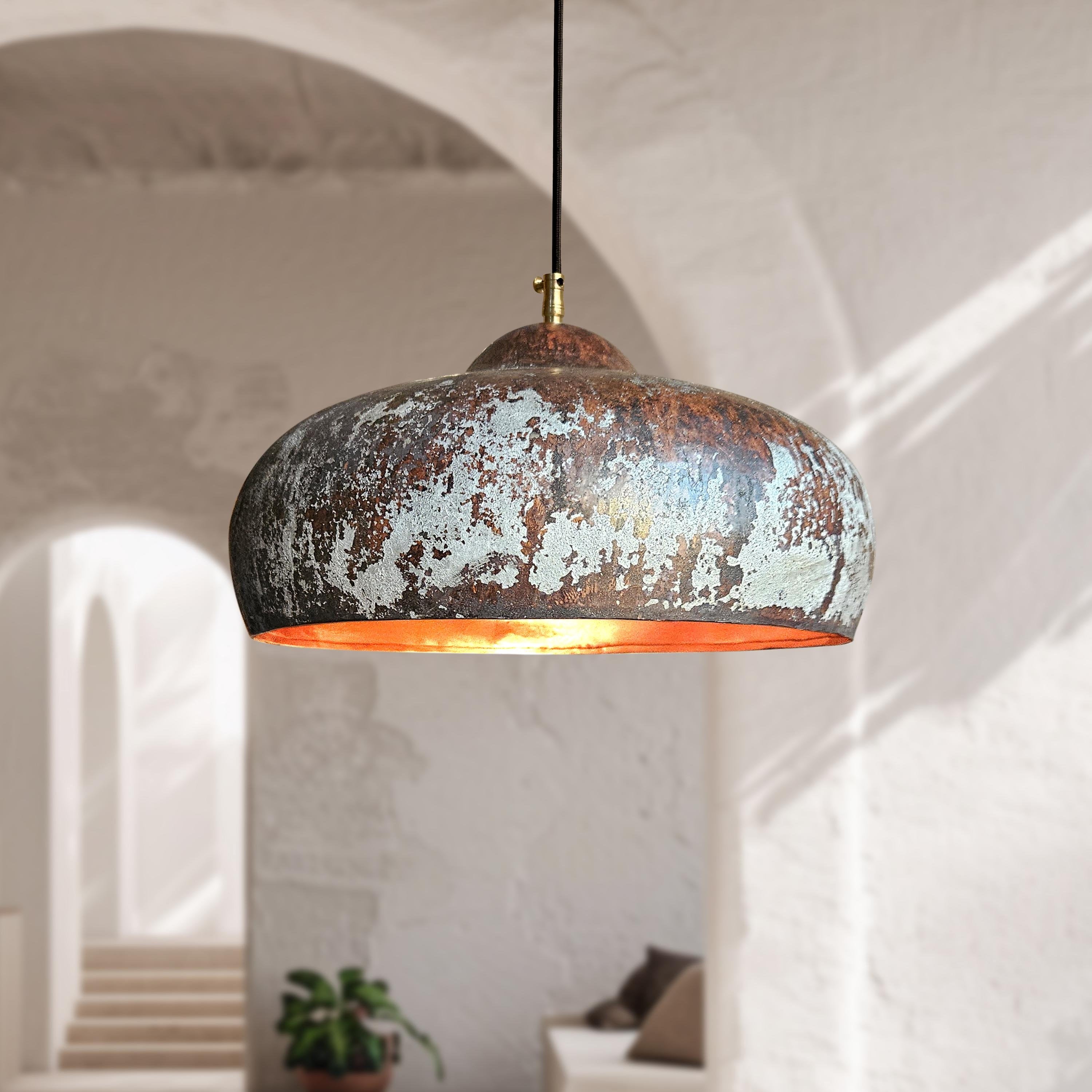 Vintage Oxidized Copper Pendant Light Dome Fixture