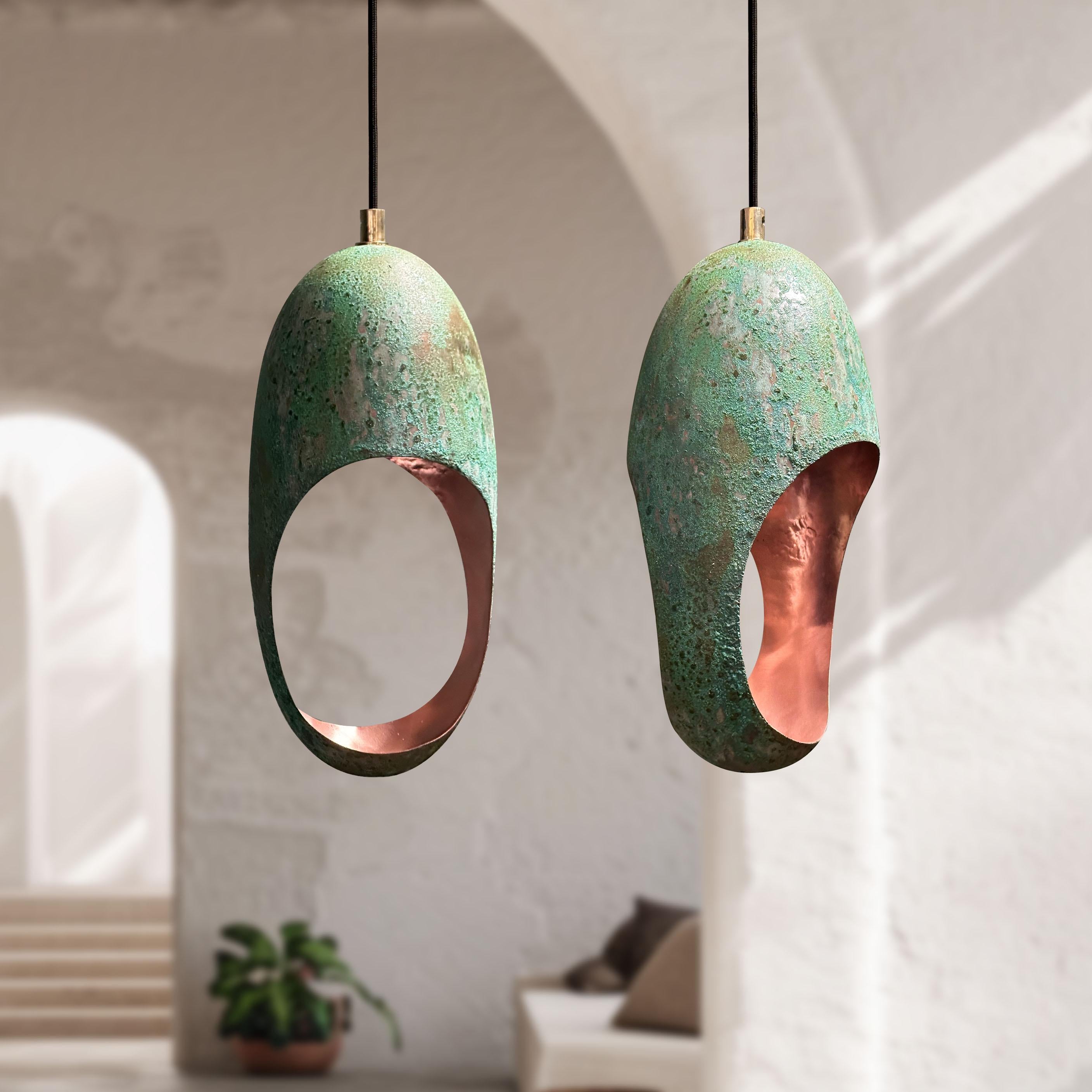 Set of Two Handcrafted Oval Cut Copper Pendant Light with Green Patina Finish