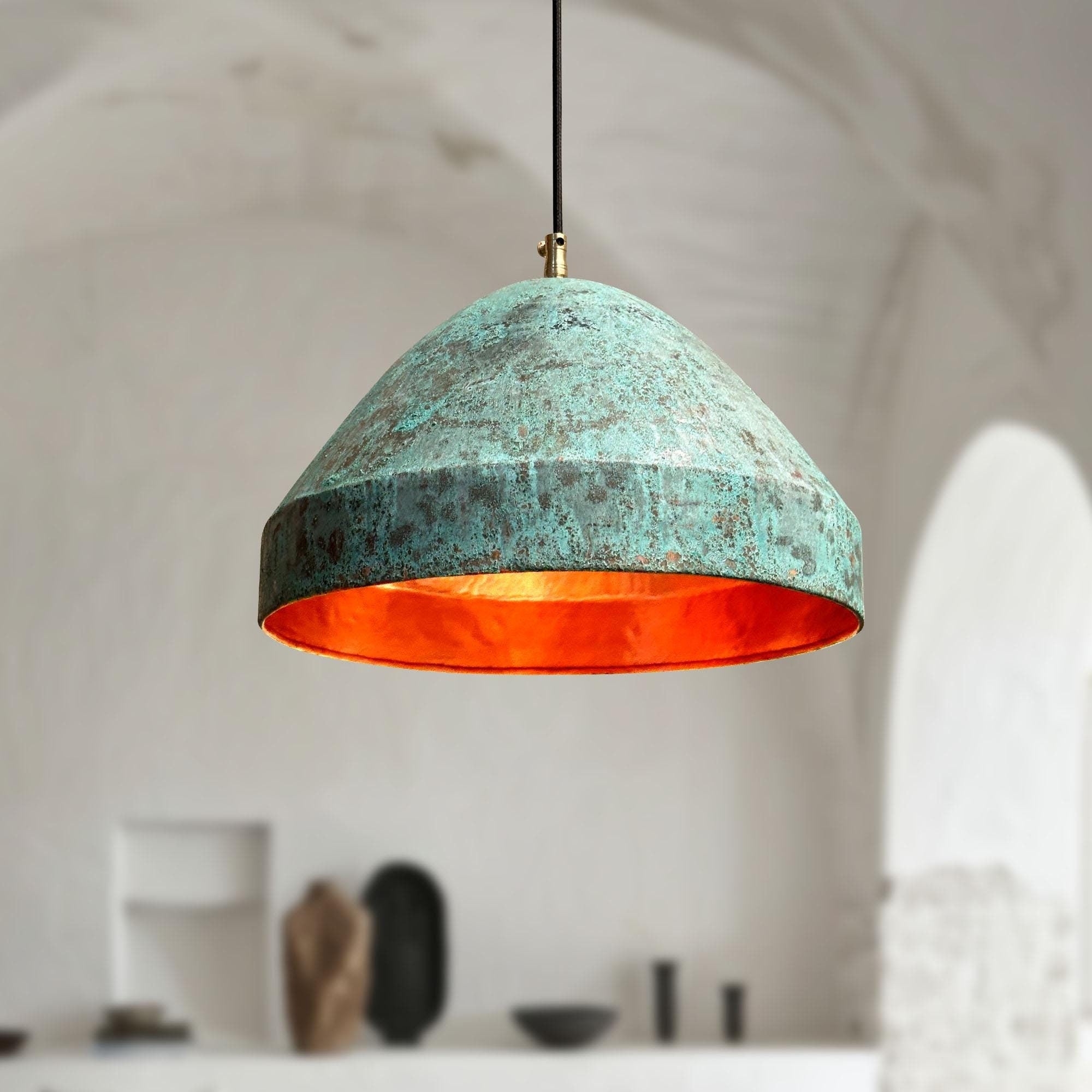 Handmade Green Patina Copper Pendant Light Oxidized Dome